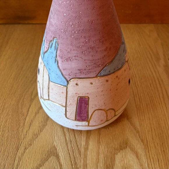 Signed Numbered Vera Russell Handmade Vase Pink Blue Mountains Pueblos Desert - Picture 4 of 12